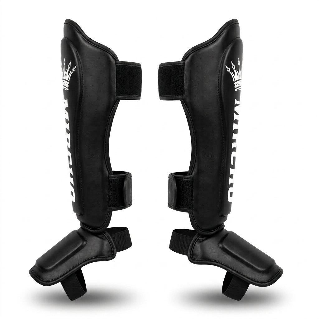 Pair of black martial arts shin guards with dual straps and instep padding. - alternate view 3