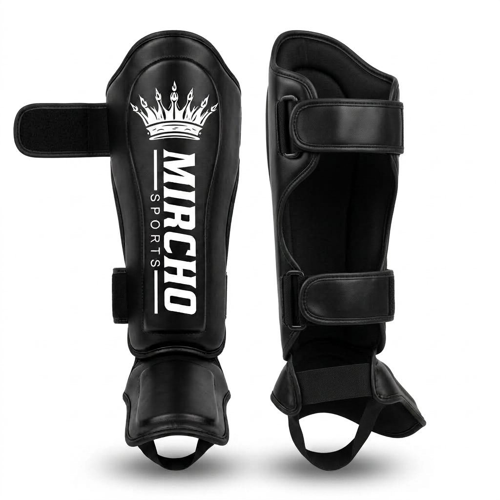 Pair of black martial arts shin guards with dual straps and instep padding. - alternate view 4