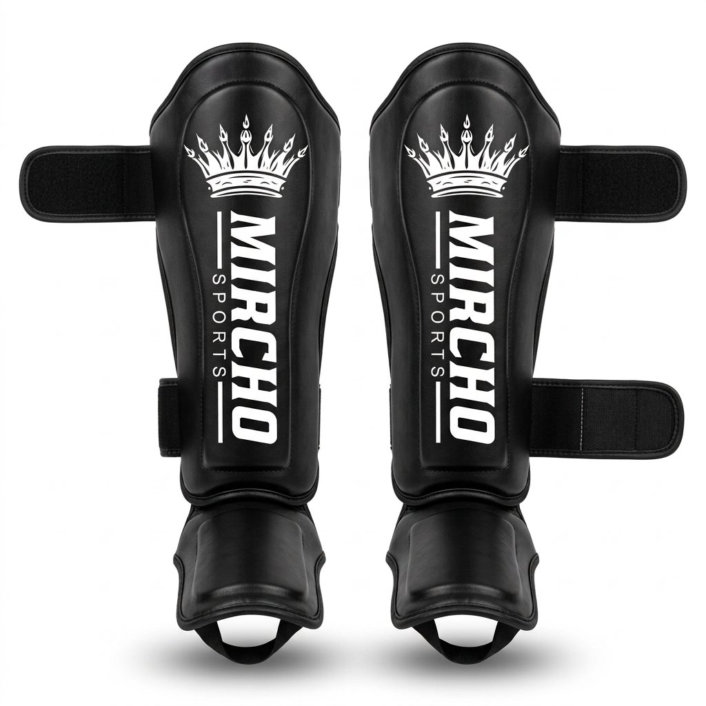 Pair of black martial arts shin guards with dual straps and instep padding.