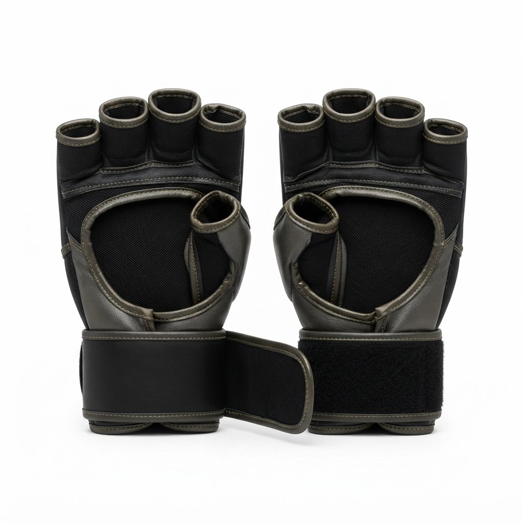 Black and dark grey martial arts gloves featuring an open palm and wrist strap. - alternate view 2