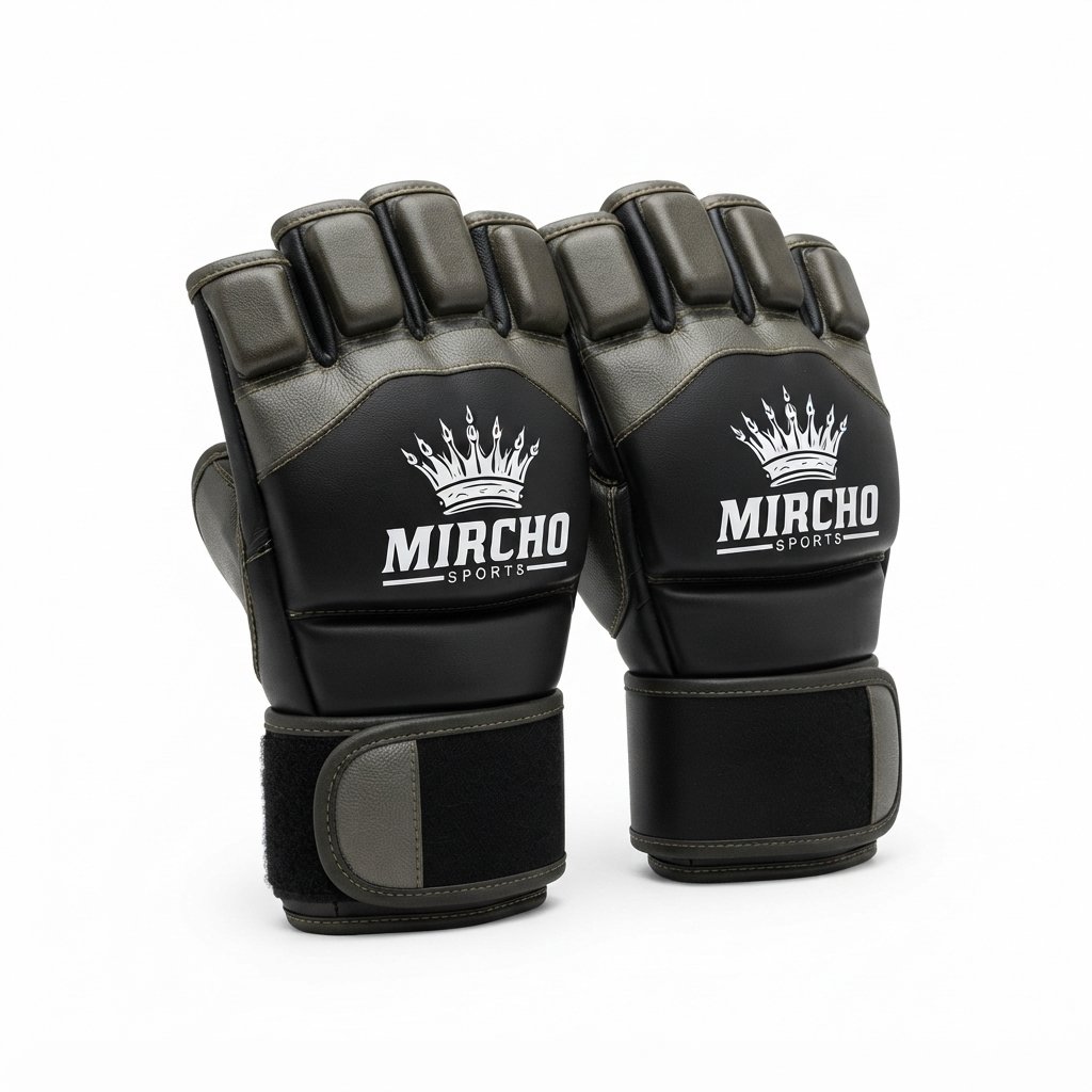 Black and dark grey martial arts gloves featuring an open palm and wrist strap. - alternate view 3