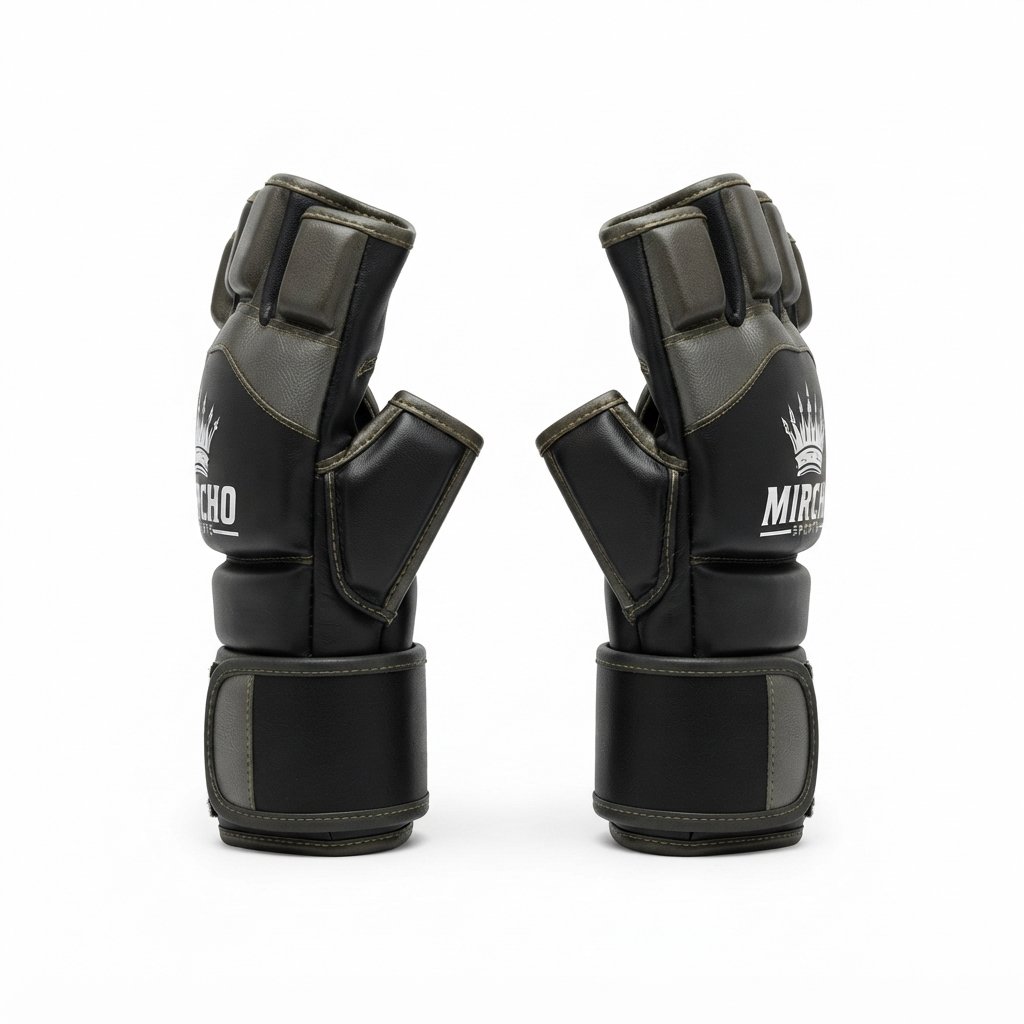 Black and dark grey martial arts gloves featuring an open palm and wrist strap. - alternate view 4