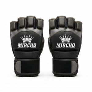 Black and dark grey martial arts gloves featuring an open palm and wrist strap.