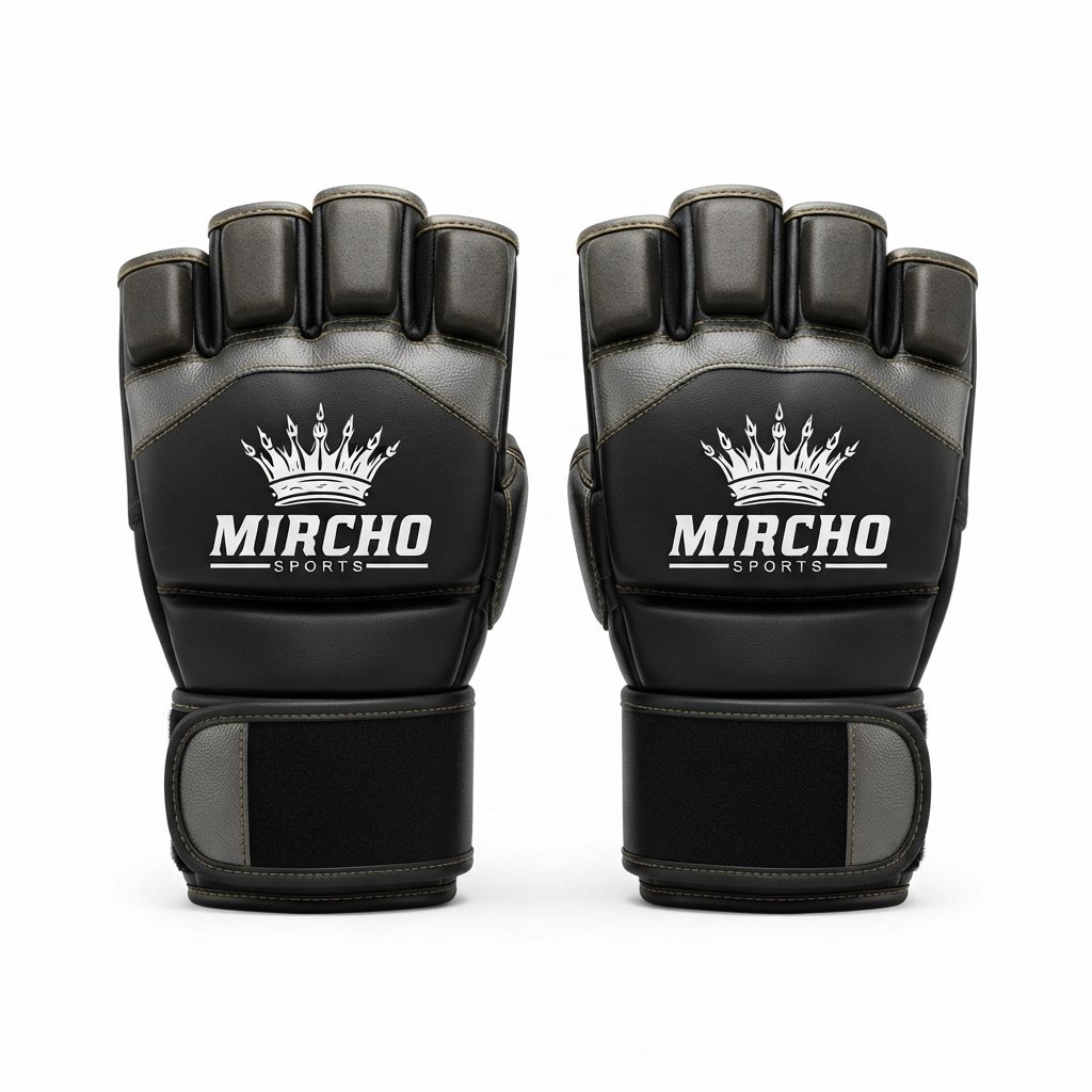 Black and dark grey martial arts gloves featuring an open palm and wrist strap.