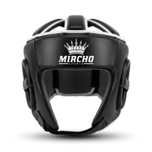 Black and white martial arts head guard featuring padded ear protection and dual rear straps.