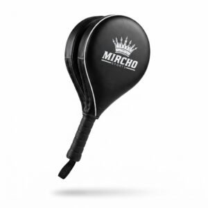 Black martial arts kicking paddle with double strike target and grip handle.
