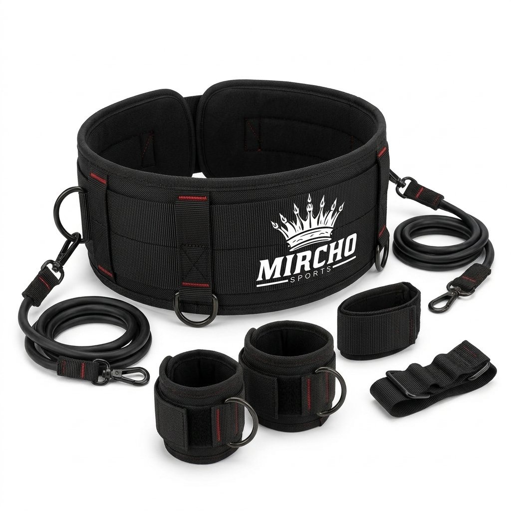 Black martial arts resistance training set featuring a padded belt, cuffs, and bands. - alternate view 3