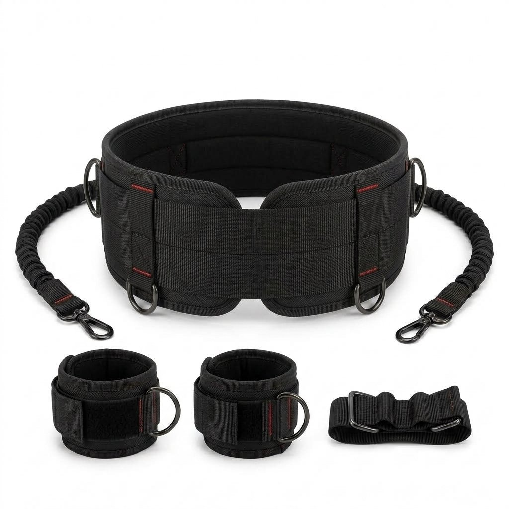 Black martial arts resistance training set featuring a padded belt, cuffs, and bands. - alternate view 4