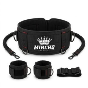 Black martial arts resistance training set featuring a padded belt, cuffs, and bands.