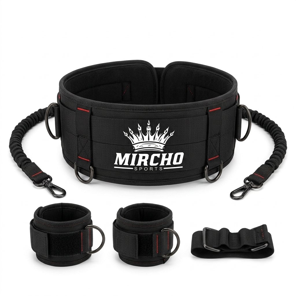 Black martial arts resistance training set featuring a padded belt, cuffs, and bands.