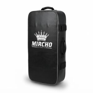 Black martial arts training shield with multiple handles and striking target attachments on the reverse side.