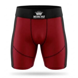 Red and black compression MMA shorts for sports apparel training.