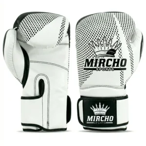 Professional white and black boxing gloves featuring a dotted pattern and wrist strap.