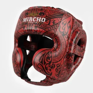 Red and black patterned boxing head guard for martial arts training and sparring.