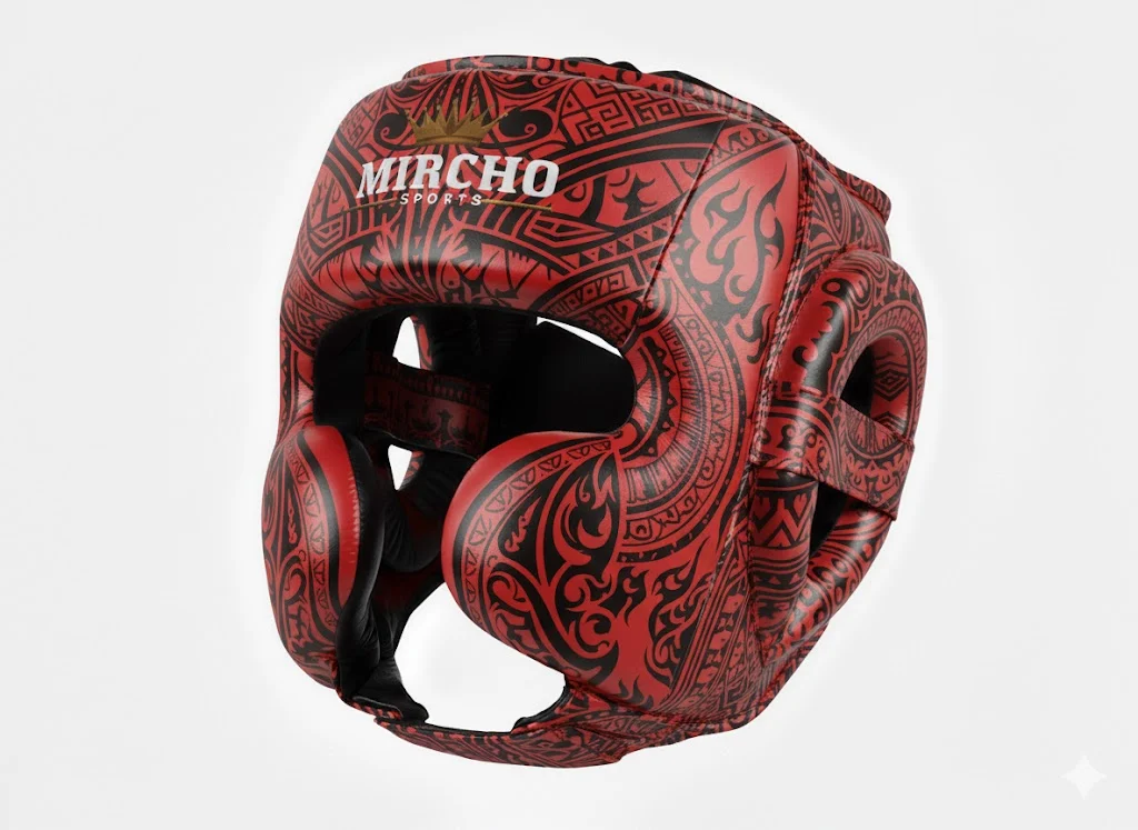 Red and black patterned boxing head guard for martial arts training and sparring.