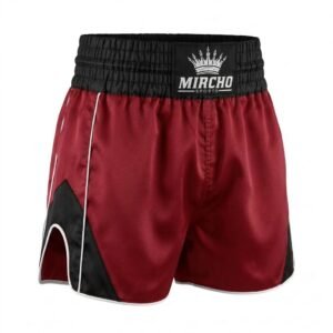 Burgundy red and black boxing shorts with wide elastic waistband and white piping.