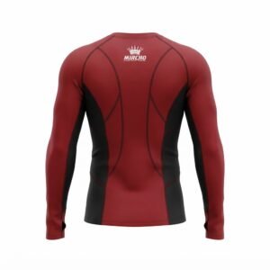Red and black long-sleeve compression top with thumb holes viewed from the front.