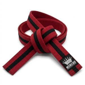 Red martial arts belt with a central black stripe coiled neatly on a plain surface. - alternate view 2