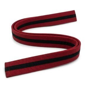 Red martial arts belt with a central black stripe coiled neatly on a plain surface.