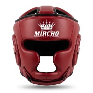 Dark red martial arts sparring head guard with thick protective padding and adjustable rear straps.