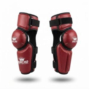 Pair of red martial arts arm guards with black straps on a white background