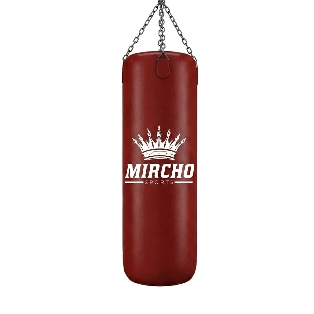 Red punching bag hanging from a metal chain system against a white background.