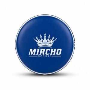 Blue and white round martial arts target pad with rear handles and straps.