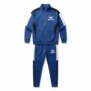 Royal blue sports tracksuit with black and white side panels, featuring a full-zip jacket and matching trousers. - alternate view 4