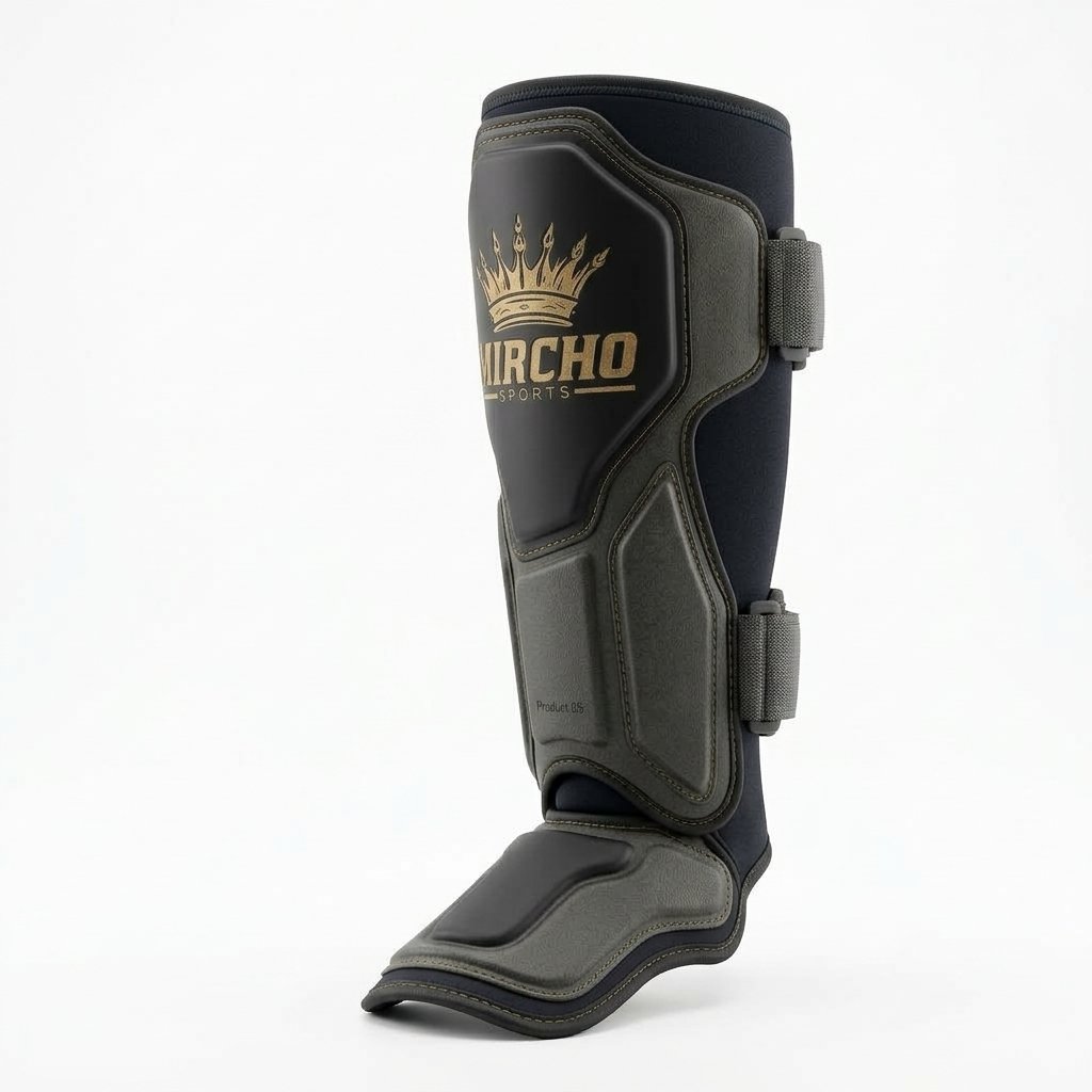 Pair of black and dark grey martial arts shin guards featuring dual straps and instep padding. - alternate view 2