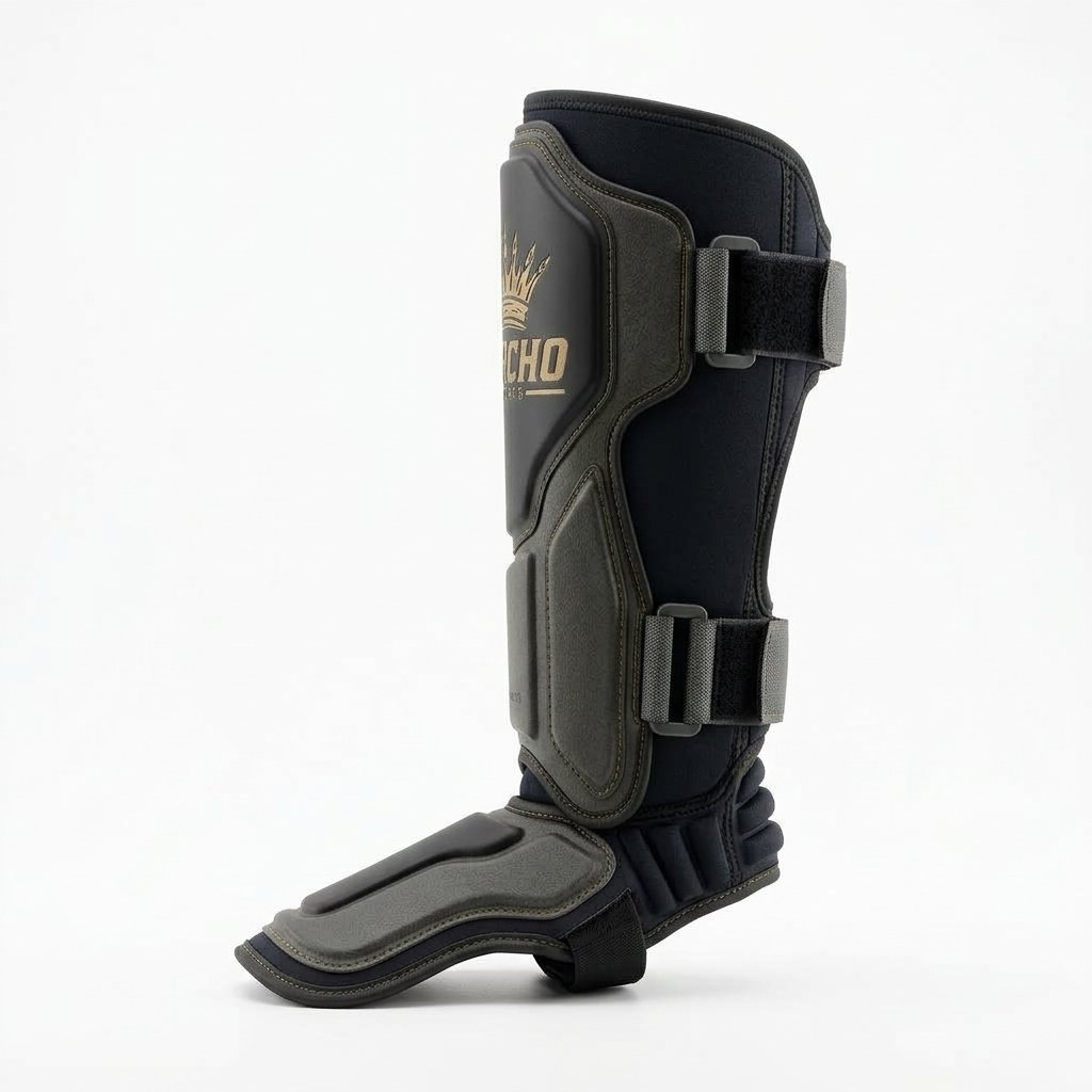 Pair of black and dark grey martial arts shin guards featuring dual straps and instep padding. - alternate view 4