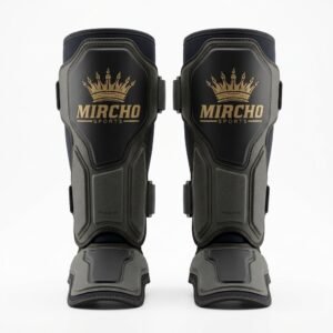 Pair of black and dark grey martial arts shin guards featuring dual straps and instep padding.