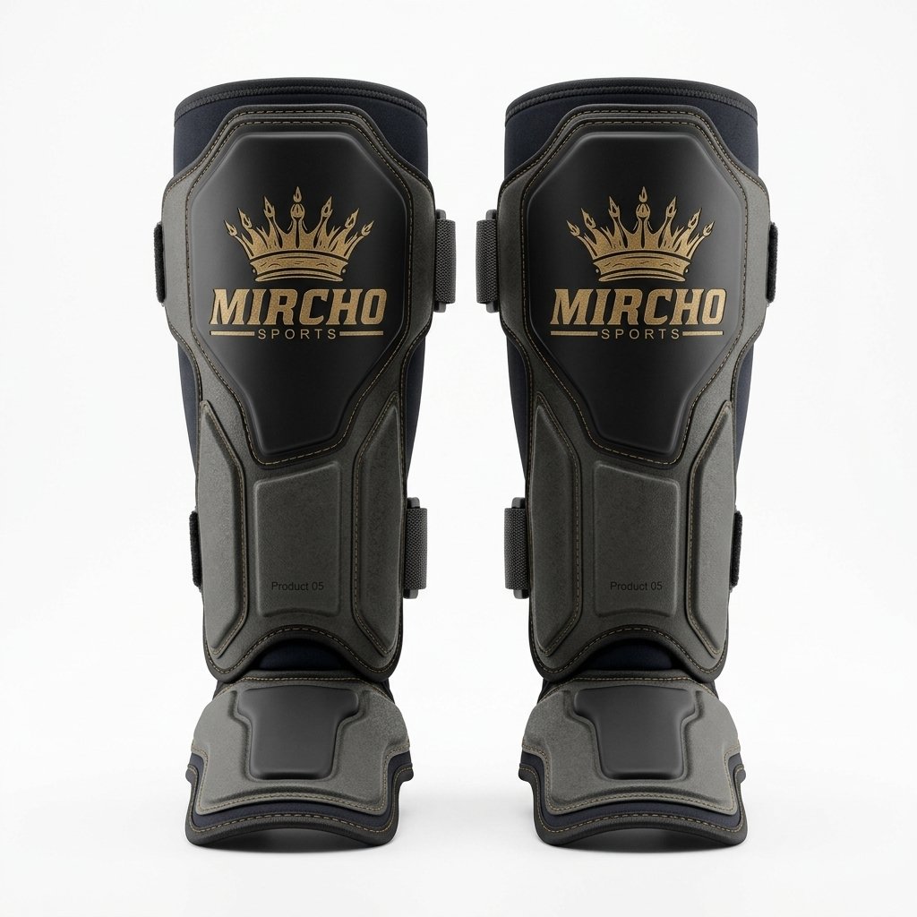 Pair of black and dark grey martial arts shin guards featuring dual straps and instep padding.