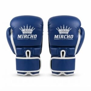 Blue and white sparring gloves with wrist support straps shown on a white background