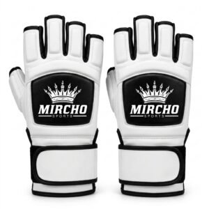 Pair of white and black martial arts hand protectors showing front and back views.