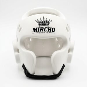 White foam martial arts head guard with ventilation holes and black adjustable straps.