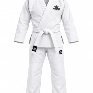 A full view of a white ju-jutsu uniform with jacket, trousers, and a tied belt.