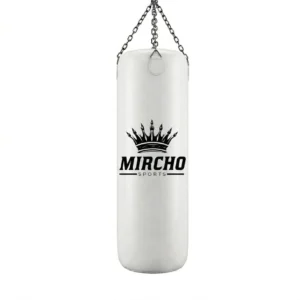White punching bag hanging with a metal chain against a white background.